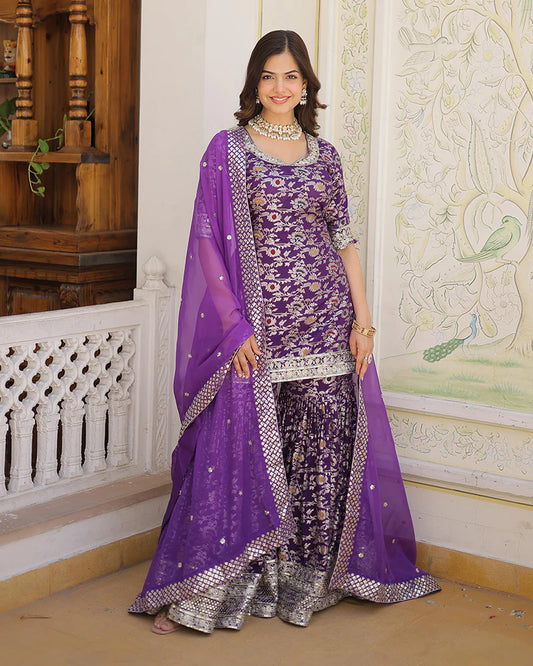 Wine Color Viscose Jacquard Three Piece Gharara Suit