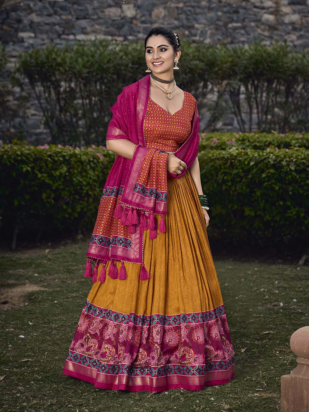 Mustard Color Floral Print With Foil Print Tussar Silk Lehenga Choli