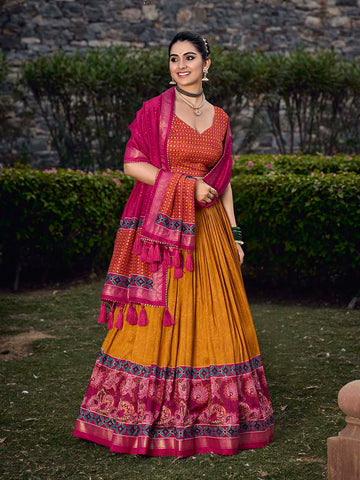 Mustard Color Floral Print With Foil Print Tussar Silk Lehenga Choli