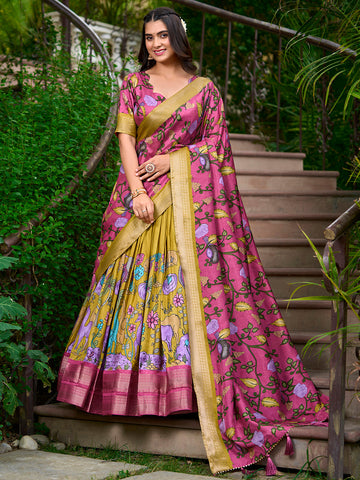 Mustard Color Kalamkari Print With Zari Weaving Dola Silk Pattu Lehenga Choli