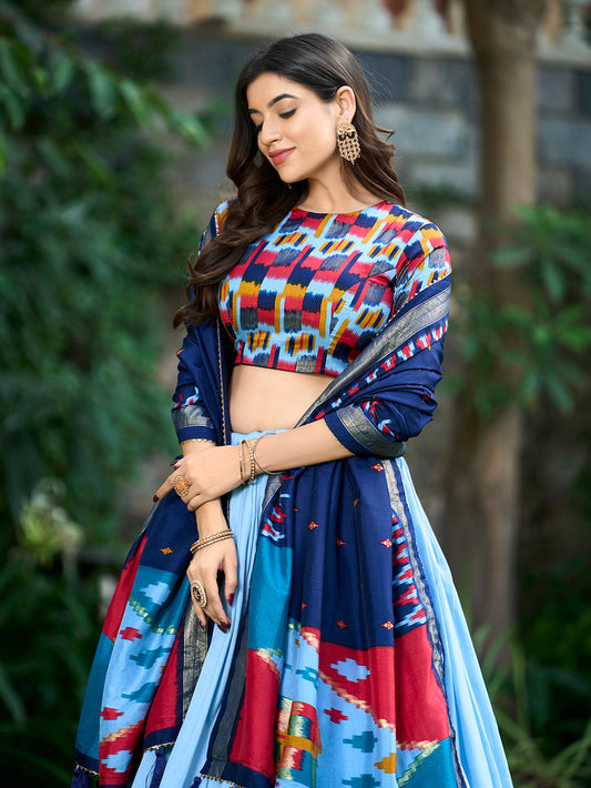 Sky Blue Color Print With Foil Work Tussar Silk Lehenga Choli