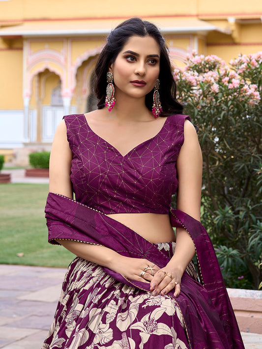 Wine Color Floral Print With Foil Work Tussar Silk Lehenga Choli