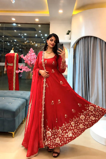 Women's Red Embroidered Anarkali Suit Set