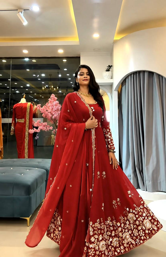 Women's Red Embroidered Anarkali Suit Set