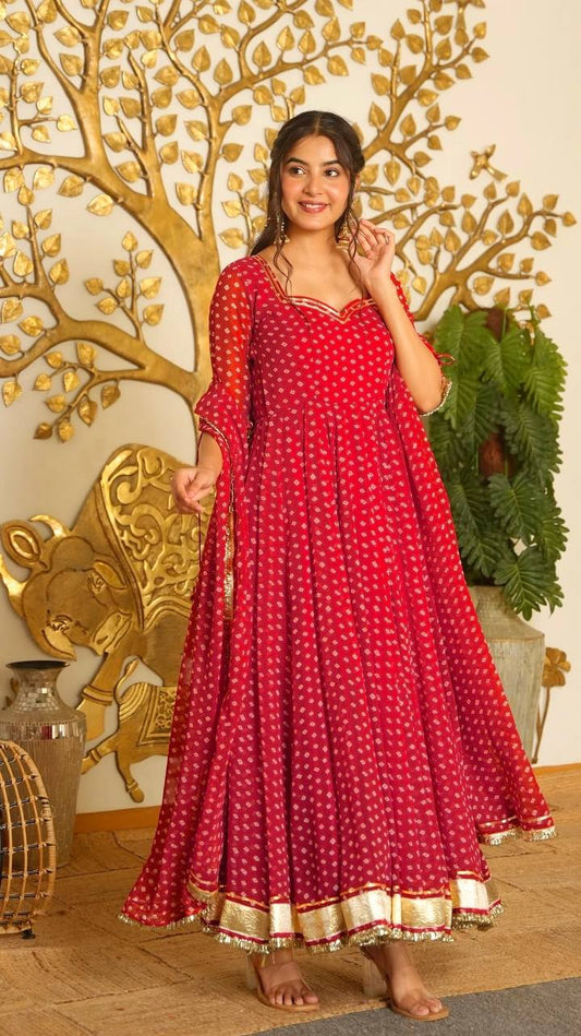 Women's Red Georgette Bandhani Anarkali Suit with Gotta Patti Lace Dupatta