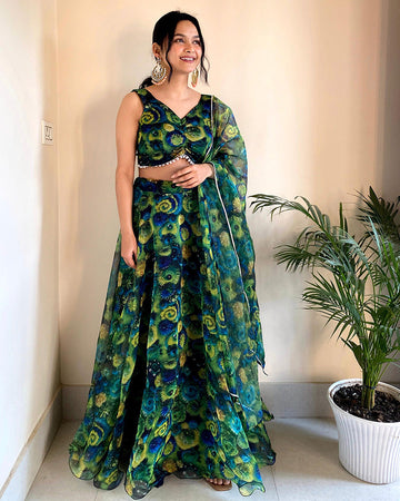 Pure Organza Full Stitched Yellow And Green Lehenga Choli