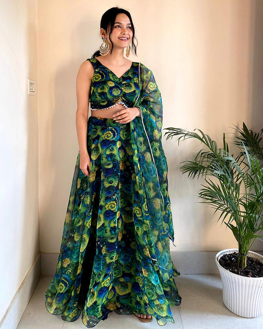 Pure Organza Full Stitched Yellow And Green Lehenga Choli