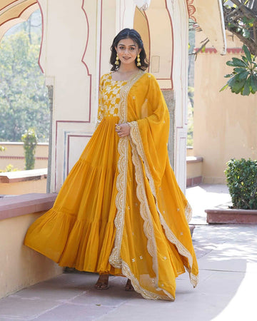 Yellow Color Indian Anarkali Gown With Faux Blooming Dupatta