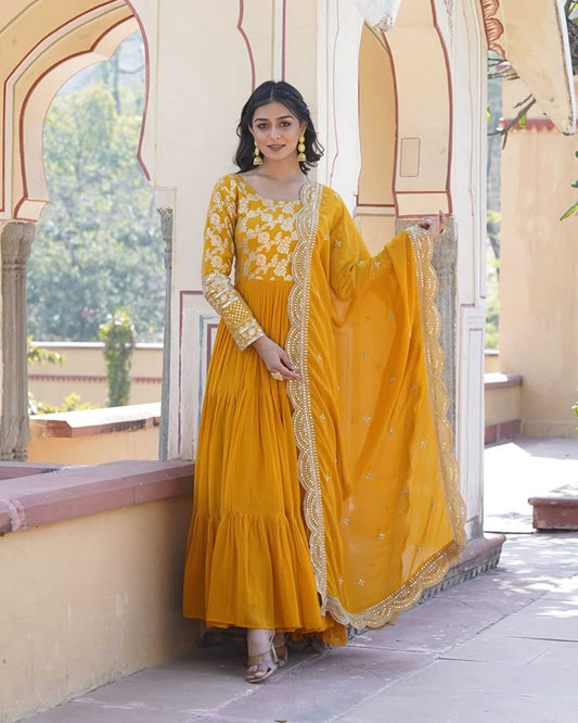 Yellow Color Indian Anarkali Gown With Faux Blooming Dupatta
