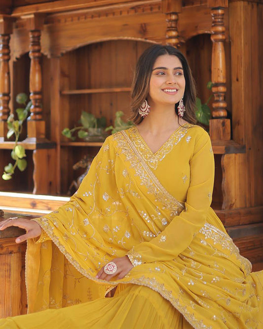 Faux Georgette Designer Yellow Gown With Dupatta