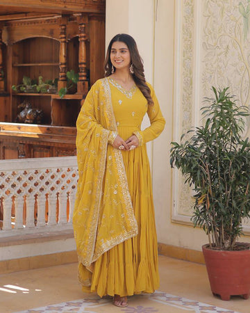 Faux Georgette Designer Yellow Gown With Dupatta