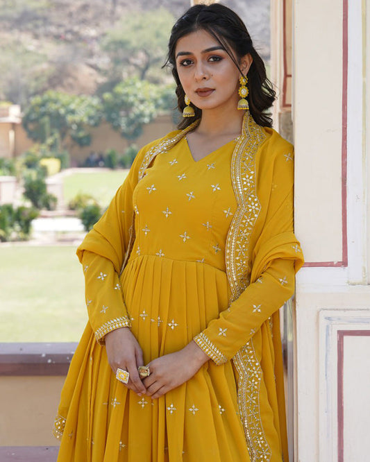 Full Flair Yellow Anarkali Gown With Embroidered Dupatta