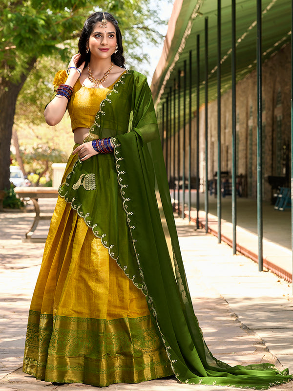 Yellow Color Zari Weaving Work Kanjivaram Lehenga Choli
