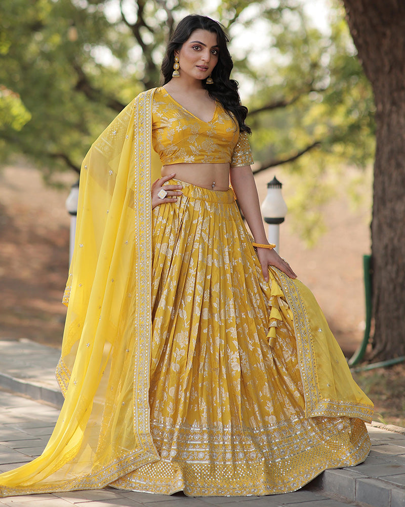 Pure Viscose Yellow Jacquard Lehenga Choli