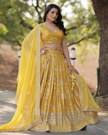Pure Viscose Yellow Jacquard Lehenga Choli