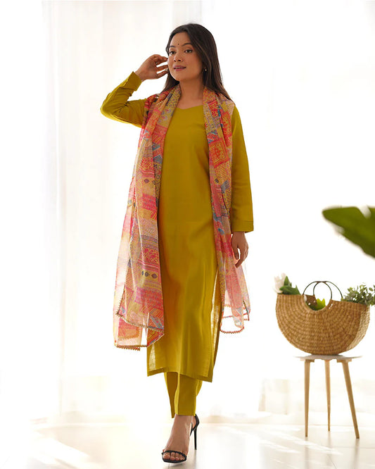 Yellow Color Viscose Ready To Wear Three Piece Kurti Suit