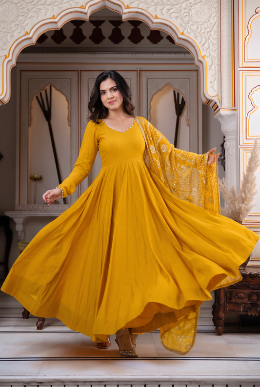 Yellow Roman Silk Three Piece Anarkali Suit With Dupatta For Festive Season
