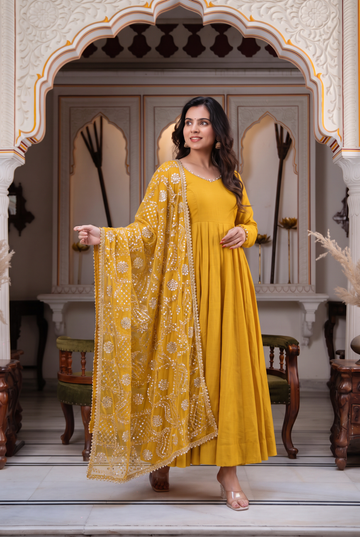 Yellow Roman Silk Three Piece Anarkali Suit With Dupatta For Festive Season